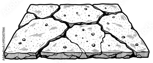 Large broken concrete slab or shattered stone plate in vintage etching style