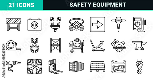 Construction Site Safety Equipment Monoline Symbols for Industrial Compliance and Occupational Health Graphics