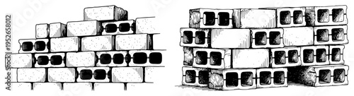Hand drawn stacks of concrete cinder blocks in vintage engraving style for construction site concepts