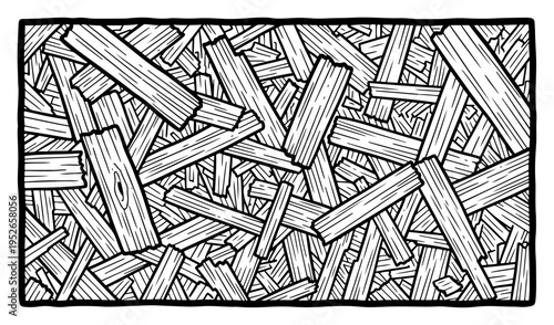Vintage woodcut engraving of overlapping wooden planks and timber texture pattern
