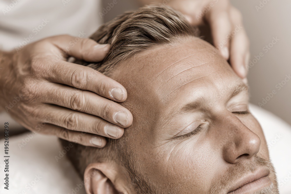Fototapeta premium Close up of a relaxed man receiving a calming head massage for pain relief and stress release in a spa setting, focusing on wellness and therapeutic touch.