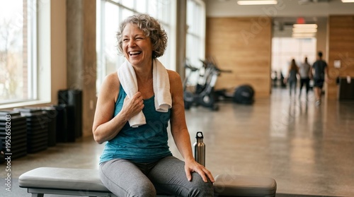 Happy mature woman resting after workout in gym with towel and water bottle, healthy lifestyle concept