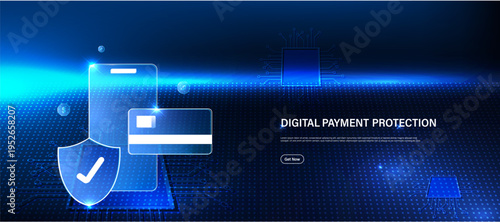 Online payment protection concept with secure transaction and shield lock icon on blue technology background. Financial cybersecurity system for protecting digital payments