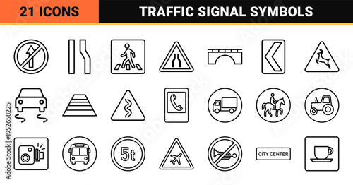Technical Monoline Road Safety Symbols and Infrastructure Warning Outline Icons for Civil Engineering and Urban Navigation Systems