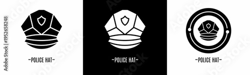 Police hat logo set. Collection of black and white logos. Stock vector.