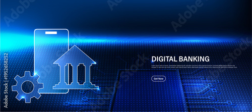Digital banking concept with secure bank and mobile transaction icon on blue technology background. Modern financial system for online banking, digital payments and smart finance management