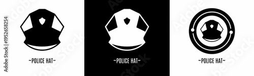 Police hat logo set. Collection of black and white logos. Stock vector.