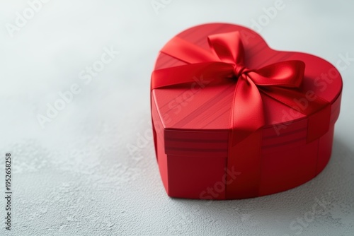 Heart-shaped red gift box with ribbon on light background