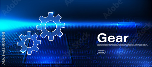 Mechanical gear technology concept with cogwheel icon on blue industrial background. Engineering system for automation, machine process and mechanical operations control.