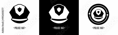 Police hat logo set. Collection of black and white logos. Stock vector.