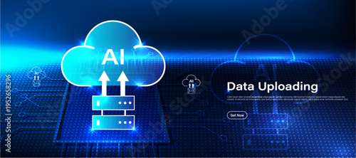 AI cloud data upload concept with upload arrow and cloud storage icon on blue technology background. Artificial intelligence system for smart data transfer, cloud storage and efficient digital file ma