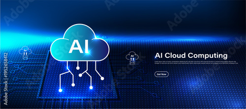Artificial intelligence cloud computing technology with cloud server icon on blue futuristic background. Smart system for managing data, scalable storage and advanced digital computing solutions.