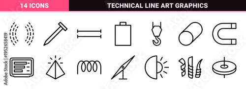 Technical Magnetism and Physics Monoline Outline Set featuring Horseshoe Magnets, Force Fields, and Scientific Energy Symbols for Education.