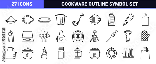Professional Kitchenware Monoline Symbols Featuring Minimalist Cookware Outlines and Culinary Tool Vectors for High-End Interface Design
