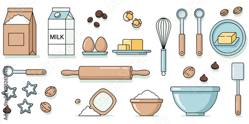 Baking ingredients and utensils illustration with flour, milk, eggs, butter, whisk, rolling pin, cookie cutters, vector design
