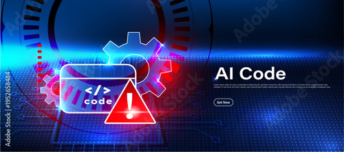 AI code alert concept with warning sign and programming code icon. Artificial intelligence technology for monitoring software, detecting errors and ensuring secure coding systems.