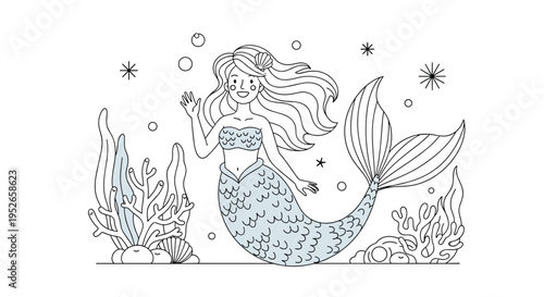 Line art illustration of a smiling mermaid with long hair swims underwater among detailed coral reefs and sea plants for a coloring book.