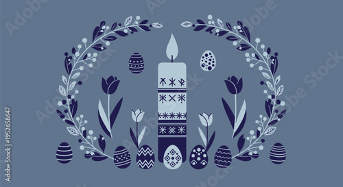 Easter celebration with candle eggs and tulips in floral wreath on blue background symbolizing springtime and holiday joy
