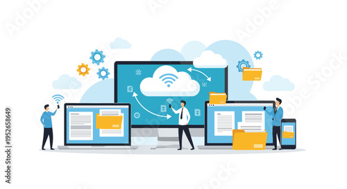 Group of small people interacts with large digital devices and cloud icons to represent global data storage, networking, and computing.