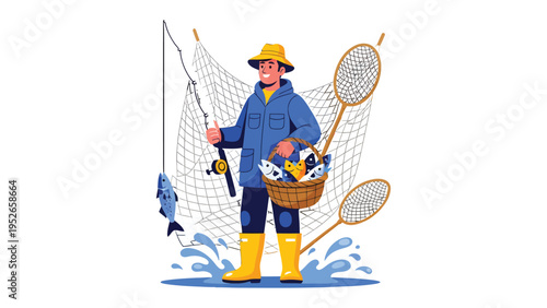 Catch of the Day: An illustration captures the moment a fisherman triumphantly showcases his bountiful catch. The scene radiates a sense of accomplishment and the satisfaction of a day well spent.