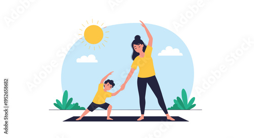 Healthy mother and her young son practice yoga poses together outdoors on a mat under a bright sun for fitness, health, and wellness.
