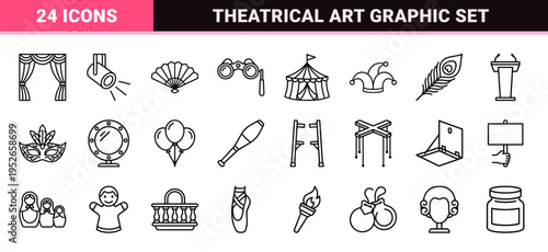 Theatrical Performance and Carnival Arts Monoline Symbols for Stage Production and Live Entertainment Branding Projects