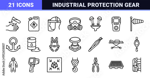 Industrial Safety and Occupational Health Technical Monoline Outline Icons featuring Protective Equipment and Workplace Hazard Symbols