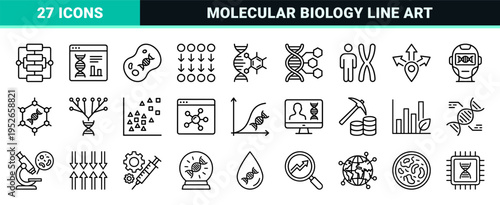 Bioinformatics and Genetic Research Technical Monoline Symbols featuring DNA Sequencing Genomic Data Analysis and Molecular Biology Outlines