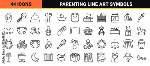 Monoline Infant Care and Nursery Essentials Symbol Set featuring Minimalist Black Outline Graphics for Parenting and Baby Healthcare Apps.