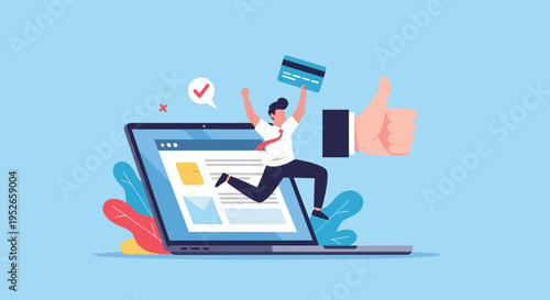 Enthusiastic businessman jumps out of a laptop screen holding a credit card next to a large thumbs up symbol for online shopping success.