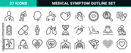 Cardiology Chest Pain Medical Symptoms Line Art Set for Healthcare Diagnostics and Patient Education Technical Monoline Style