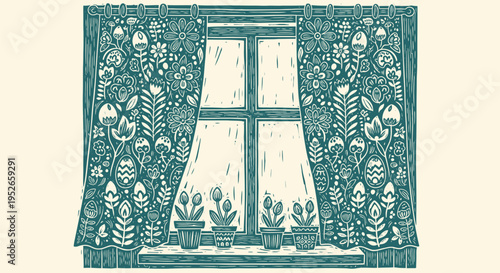 Vintage floral curtains covering a window with potted plants on the sill in a cozy home interior with cream background