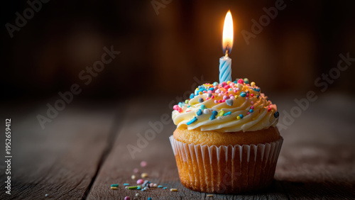 A festive cupcake with a lit candle and colorful sprinkles, ready for a birthday wish or celebration.