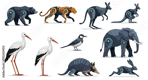 Large collection of various animals designed as futuristic robots featuring metallic plates, wires, and glowing blue mechanical joints.
