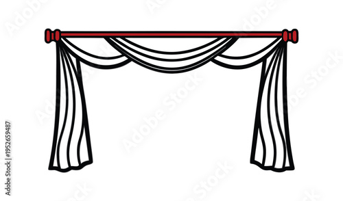 Draped window valance with dark fabric and wooden rod