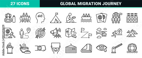 Humanitarian Aid and Global Migration Monoline Icons featuring Refugee Assistance, Social Justice, and Border Crossing Symbols in Minimalist Black Outlines.