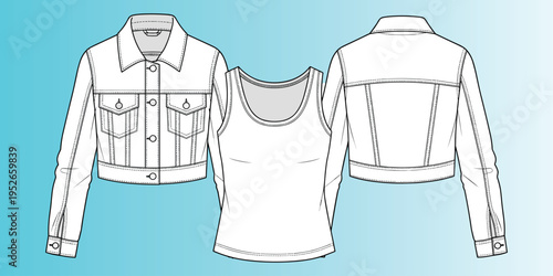 Fashion technical flat sketches illustration, denim jacket design, tank top motif artwork, garment construction symbol, apparel decorative motif, clothing artwork, flat vector drawing