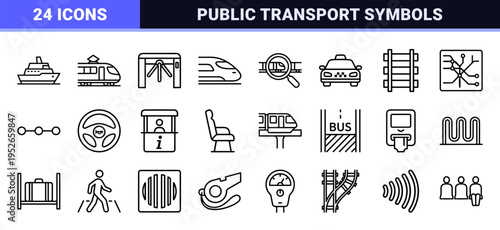 Urban Mobility and Public Transit Technical Monoline Symbols featuring Minimalist Transportation Infrastructure and Commuter Navigation Elements