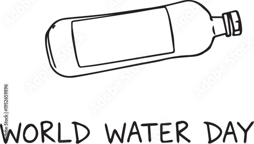 Minimalist vector illustration of a tilted water bottle with a blank label and text saying world water day