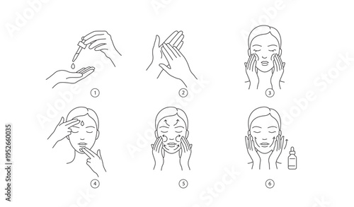 How to apply face serum and oil step by step instructions, beauty skin care routine infographic line art vector
