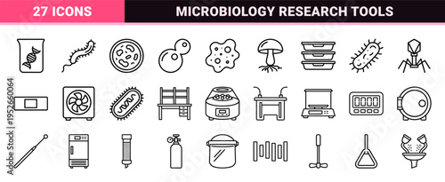 Microbiology Research and Laboratory Science Line Art Symbols featuring Crisp Technical Monoline Aesthetics for Medical and Biotech Utility.