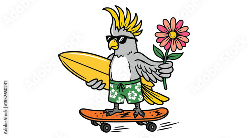 Cool Cockatoo Parrot Riding Skateboard with Surfboard and Flower Summer Cartoon Vector