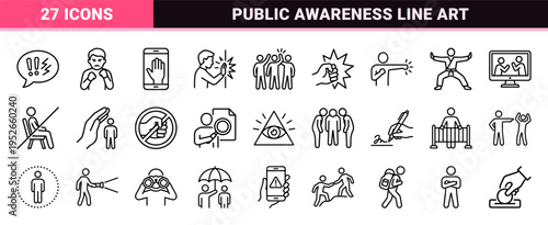 Social Conduct and Conflict Resolution Monoline Icons Featuring Interpersonal Safety Symbols and Behavioral Warning Signs in Crisp Line Art