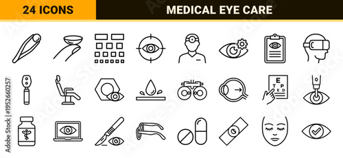 Professional Medical Ophthalmology and Optometry Monoline Symbols Featuring Vision Correction Surgery Diagnostics and Eye Health Care Utilities