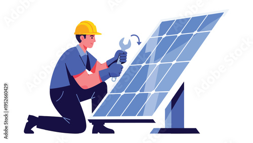 Solar Panel Technician: A skilled technician, equipped with a wrench, meticulously installs or repairs a solar panel, embodying the future of energy. 