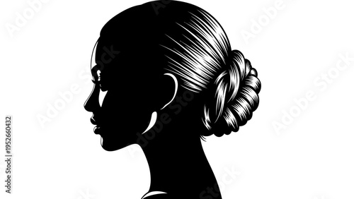 Elegant Silhouette Profile of a Woman with Updo Hairstyle, Black and White Artistic Portrait