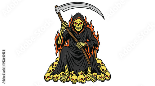 Traditional Tattoo Grim Reaper with Scythe on Skull Throne and Fire Vector
