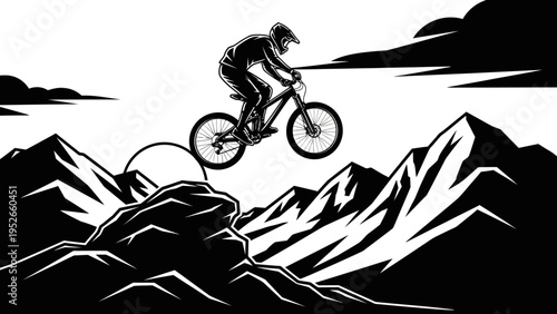 Mountain biker jumping over rocks against a dramatic sky, extreme sports, downhill biking