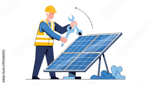 Solar Panel Technician: A skilled technician, equipped with a wrench, meticulously maintains and repairs a solar panel, showcasing a commitment to clean energy and sustainable practices.