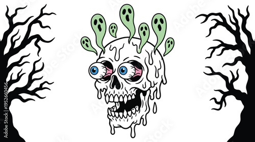 Trippy Melting Skull with Eyeballs and Escaping Ghosts Halloween Vector